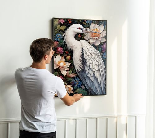 Plakat biały ptak w kwiatach w ramie 21x30 cm w czarnej ramie na Arena.pl