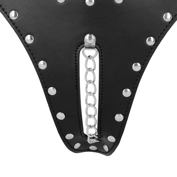Pu Leather Chastity Thong With Chain Detail - Black zdjęcie 6