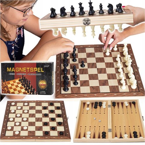 SZACHY DREWNIANE MAGNETYCZNE KLASYCZNE DUŻE WARCABY BACKGAMON GRA 3W1 34X34 na Arena.pl