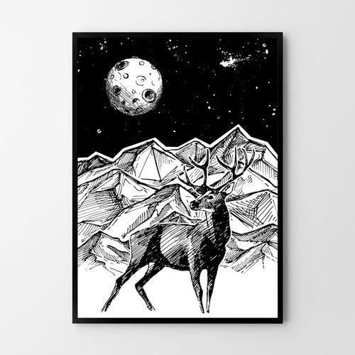 Plakat jeleń noc góry ilustracja 21x29,7 cm A4 na Arena.pl