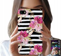 ETUI DO HUAWEI Y5 2018 - KWIATKI W CZARNO - BIAŁE PASKI WZORY