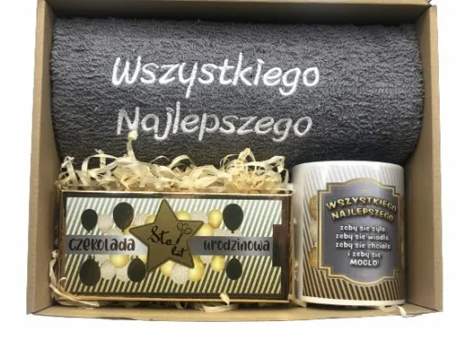 PREZENT NA URODZINY 18-70 Zestaw Kosz Prezentowy Ręcznik Kubek Czekolada zdjęcie 16
