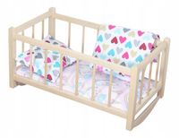 KOŁYSKA drewniana dla lalek naturalna z materacem i pościelą w duże serca