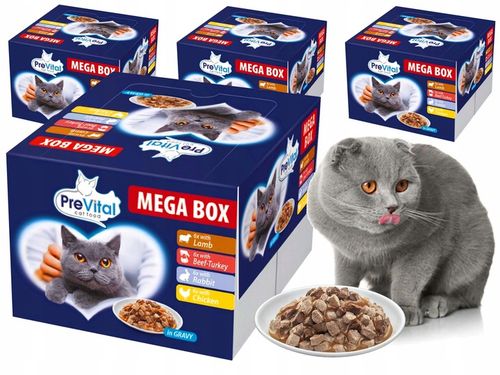 MOKRA KARMA DLA KOTA MIX 4 SMAKÓW MEGABOX 96X100G SASZETKI W SOSIE PREVITAL na Arena.pl