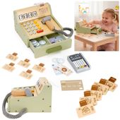 Kasa sklepowa, drewniana zabawka dla dzieci, terminal kart, banknoty, multikolor