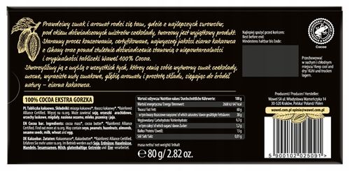 3x Czekolada Gorzka Ekstra Bez Dodatku Cukru Premium 100% cocoa 80g Wawel na Arena.pl