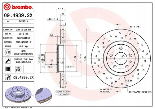 TARCZA HAM PRZOD 284X22 V XTRA BREMBO na Arena.pl