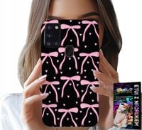 ETUI DO SAMSUNG GALAXY A21s - CZARNO RÓŻOWE WSTĄŻKI KOKARDKI WSTĄŻKA