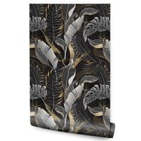 Tapeta Do Salonu Czarno-Złote LIŚCIE Natura Abstrakcja Styl Glamour