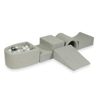 Piankowy plac zabaw z mostkiem i z basenem micro jasnoszary + 100 piłek (jasne złoto, perła, srebrne, przezroczyste)