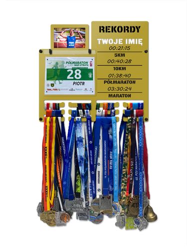 Wieszak na medale i numery startowe z ramką REKORDY RUN twoje imię 9.1 na Arena.pl