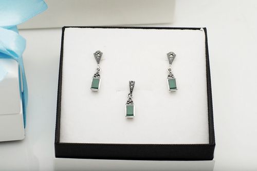 srebrne zielone kolczyki z agatem i markazytami - kdm5942 na Arena.pl