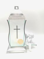 ZNICZ SZKLANY ANIOŁ CERAMIKA KAPLICZKA WYSOKA NA GROBY LAMPION SREBRO