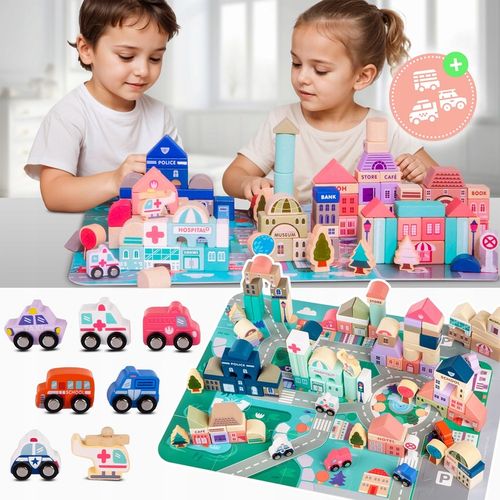 DREWNIANE KLOCKI ZESTAW DROGA MIASTO 115 ELEMENTÓW MATA POJAZDY AKCESORIA na Arena.pl