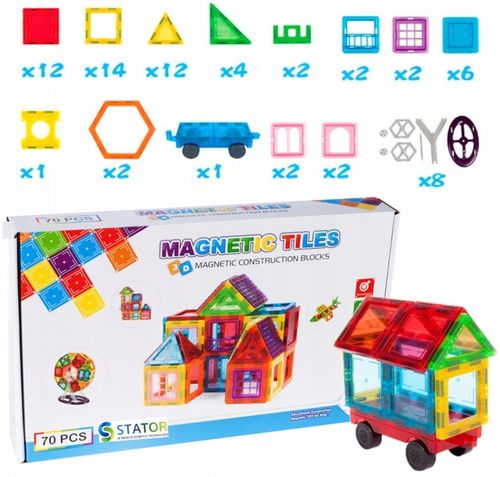Klocki Magnetyczne DUŻE 3D Konstrukcyjne Magnetic Tiles Zestaw 70 elementów na Arena.pl
