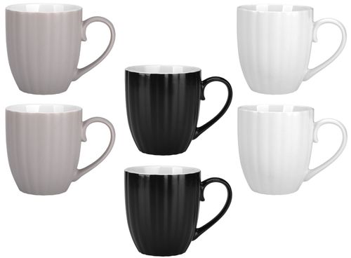 Komplet 6 kubków porcelanowych 380 ml biały czarny i beżowy mat wzór prążki na Arena.pl