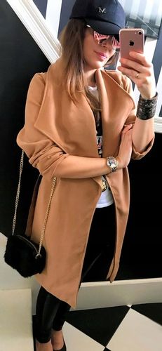 PŁASZCZ blogger KLASYCZNY klapy pasek CZERWONY na Arena.pl