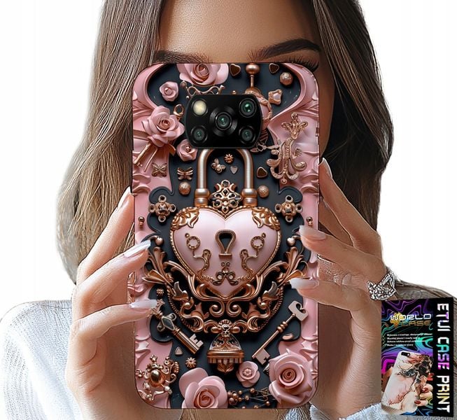 ETUI DO XIAOMI POCO X3 - KOBIECE, MODNE WZORY, KŁÓDKA SERCE RÓŻA zdjęcie 1