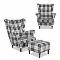 Fotel uszak Winston z podnóżkiem pufą Family Meble krata granatowo - biała