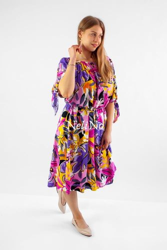 Mocno wzorzysta sukienka w liście i kwiatki hiszpanka STYLE Fioletowa UNI na Arena.pl
