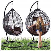 FOTEL OGRODOWY WISZĄCY KOKON DUŻY KOSZ KORFU CZARNY PODUSZKA BRĄZOWA