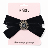 gumka do włosów frotka, welurowa kokarda czarna z cyrkoniami gum188