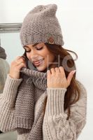 KOMPLET DAMSKI CZAPKA BEANIE SZALIK SZAL ZESTAW CIEPŁY MODNY MOKKA 2457