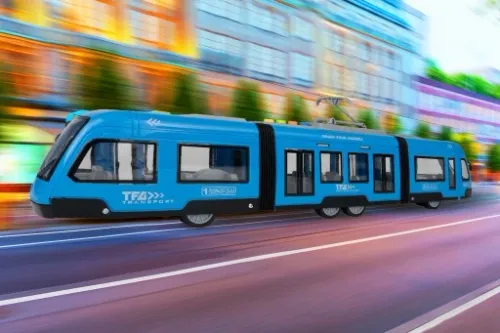 TRAMWAJ TROLEJBUS ZABAWKA NA BATERIĘ ŚWIATŁO DŹWIĘK OTWIERANE DRZWI 44CM na Arena.pl