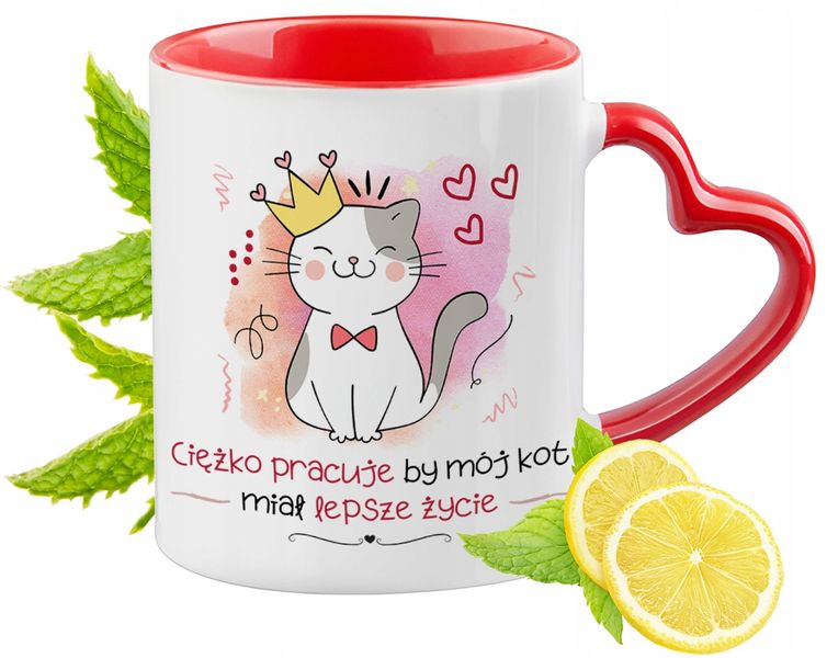 Kot Kotki Kubek Czerwony Z Uszkiem W Kształcie Serca Na Prezent zdjęcie 1