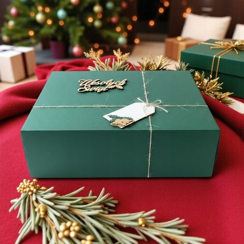 Pudełko prezentowe na prezent Święta zielone napis drewniany wypełnienie na Arena.pl