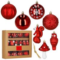 Bombki choinkowe 14 szt. mix wzorów: okrągłe, muchomorek, sowa, wiewiórka, dekoracje świąteczne, czerwone