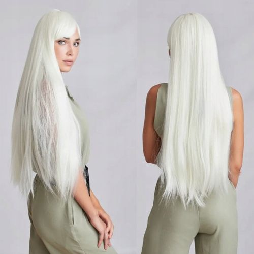 Peruka długa biała 100 cm cosplay karnawał włosy proste grzywka czepek na Arena.pl