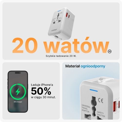 Voomy 20W Uniwersalna Wtyczka Światowa - 150+ krajów - USB-C & USB-A na Arena.pl