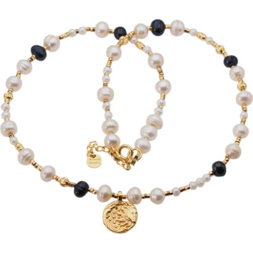 Naszyjnik - Białe, granatowe Perły hodowane i srebro złocone na Arena.pl