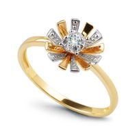pierścionek z diamentem w kształcie kwiatu - białe i żółte złoto 585