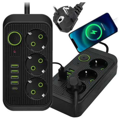 Listwa Zasilająca Przedłużacz Sieć 2m 3 Gniazda 5 x USB Ładowarka Włącznik na Arena.pl