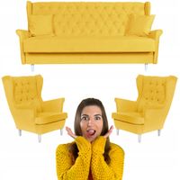 Rozkładany zestaw wypoczynkowy z wersalką fotele uszaki ŻÓŁTY Family Meble
