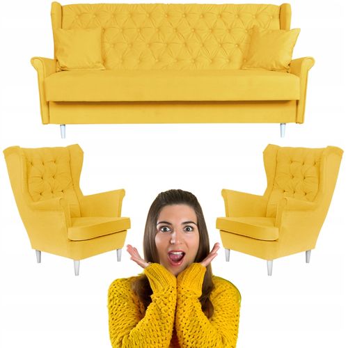 Rozkładany zestaw wypoczynkowy z wersalką fotele uszaki ŻÓŁTY Family Meble na Arena.pl