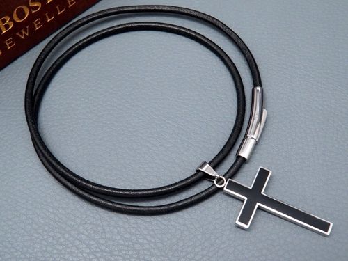 GRUBY RZEMIEŃ RZEMYK NA SZYJĘ Z KRZYŻYKIEM ZESTAW STAL CHIRURGICZNA + SKÓRA na Arena.pl