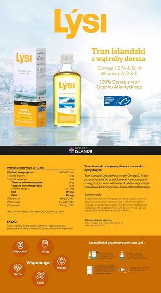 Lysi TRAN ISLANDZKI CYTRYNOWY z WĄTROBY DORSZA DHA EPA 240ml zdjęcie 3