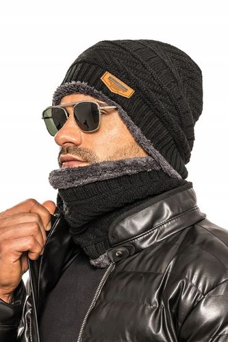 CZAPKA + KOMIN KOMPLET MĘSKI Z FUTERKIEM - CZARNY na Arena.pl