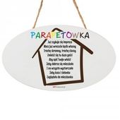 drewniana tabliczka owal wzbogacona lakierem UV z napisem "Parapetówka..."