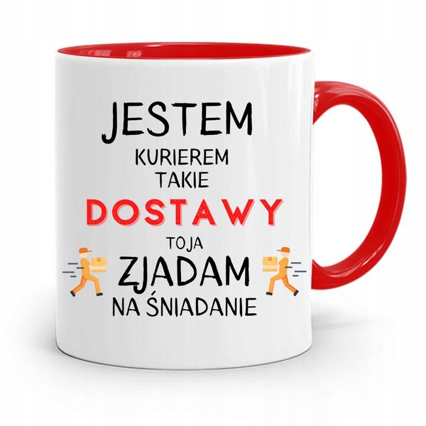 Kubek Czerwony Dla Kuriera Zjadam Na Śniadanie Z Nadrukiem Ze Zdjęciem zdjęcie 1