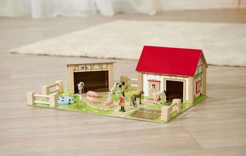 DUŻA DREWNIANA FARMA ZAGRODA + FIGURKI ZWIERZĄT KONIE ŚWINKI STAJNIA 25 EL. na Arena.pl
