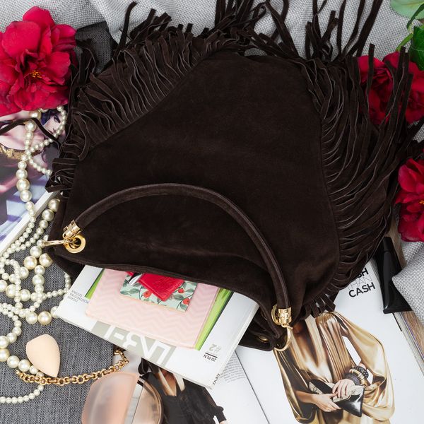 VERA PELLE torebka zamszowa worek z frędzlami i paskiem V571 c.brązowa zdjęcie 2