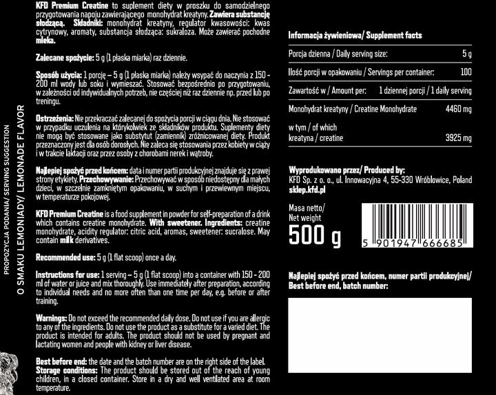 Kreatyna KFD Premium Creatine 500g Lemoniada zdjęcie 2