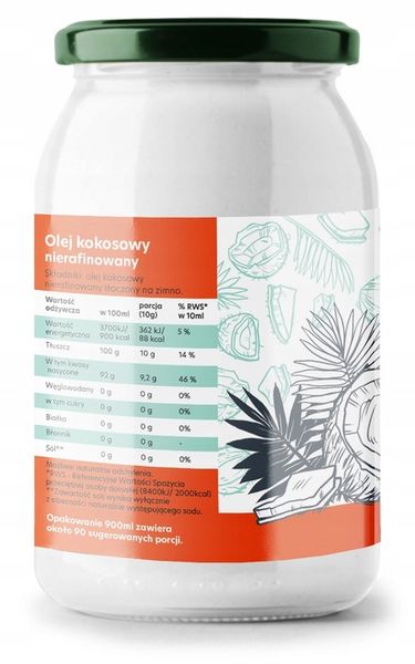 OLEJ KOKOSOWY NIERAFINOWANY 900ml Extra Virgin zdjęcie 2