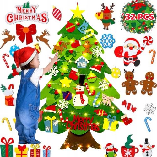 CHOINKA FILCOWA NA RZEPY Z OZDOBAMI DLA DZIECI ŚWIATEŁKA 50 LED NA ŚCIANĘ na Arena.pl