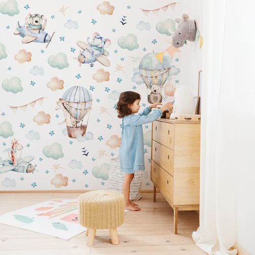 Naklejki Dziecięce Zwierzęta Misie Żyrafy Balony Chmury ZESTAW 120cm x 60cm na Arena.pl