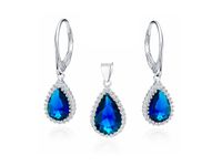 KLASYCZNY RODOWANY SREBRNY KOMPLET ŁEZKI KROPLE SZAFIROWE CYRKONIE